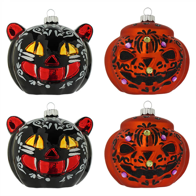 Halloween Cat & Pumpkin Ornaments Set/4