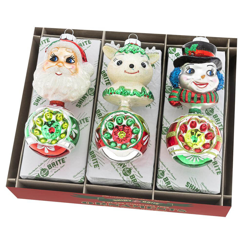 Holiday Splendor Santa, Snowman & Reindeer Figure Round Ornaments Set/3