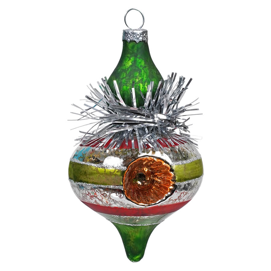 Green & Red Retro Finial Ornament With Tinsel