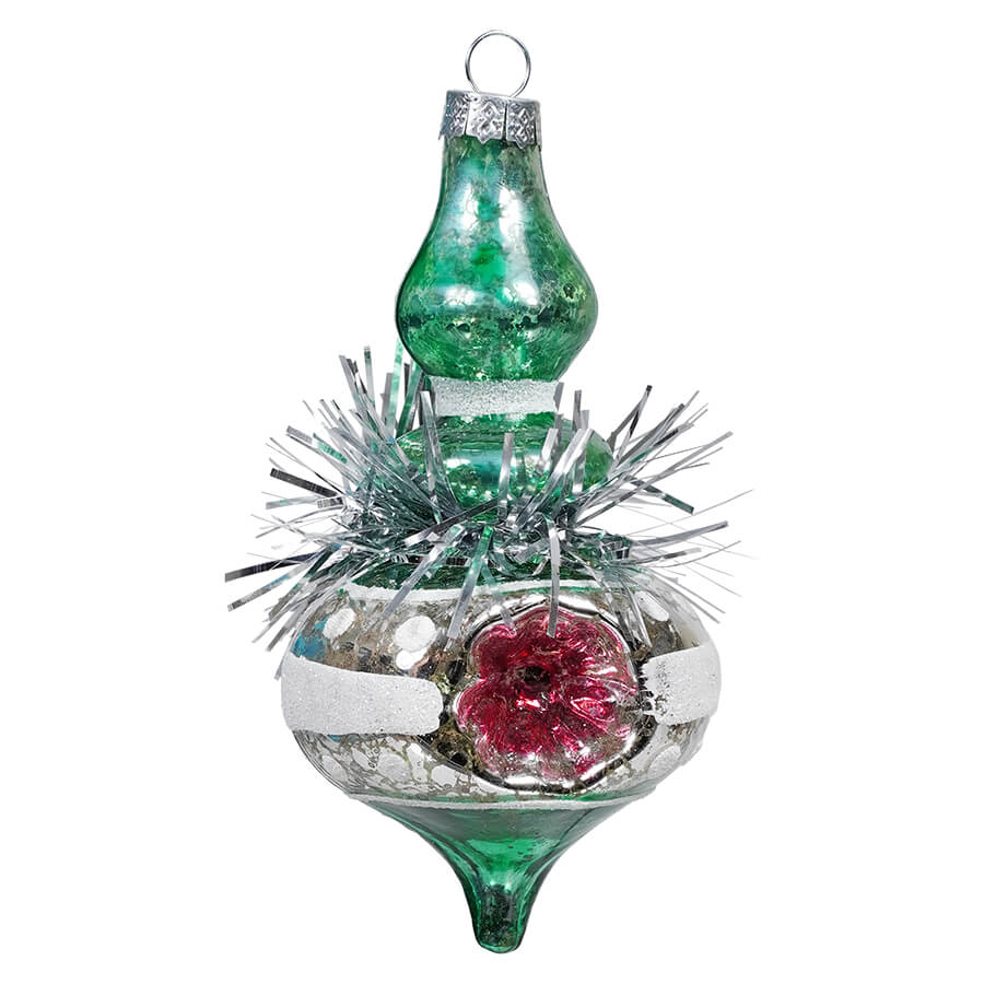 Green & White Retro Finial Ornament With Tinsel