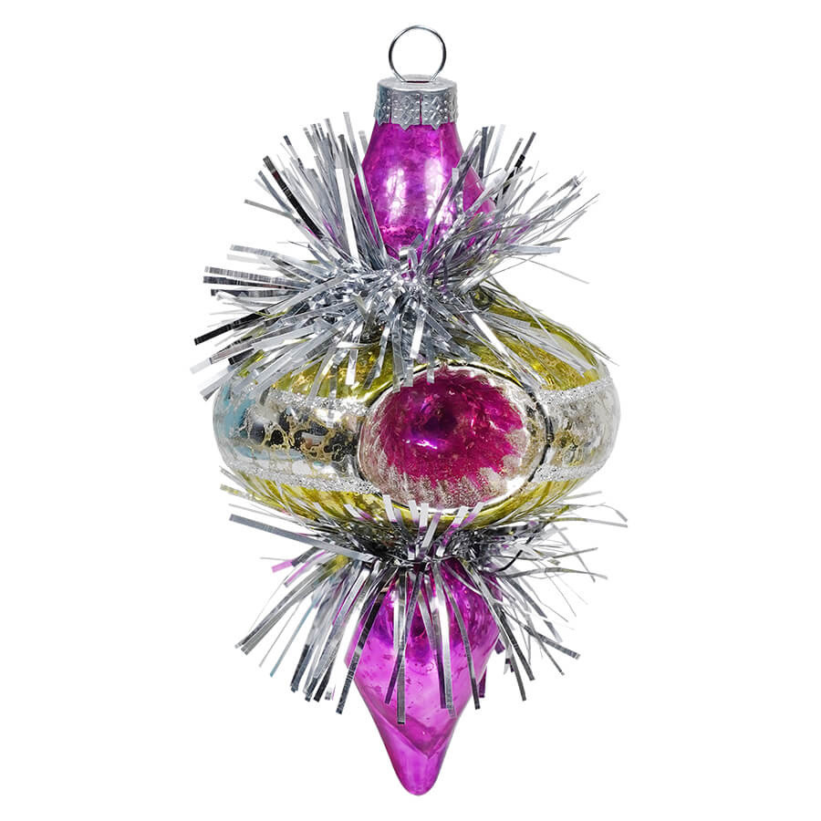 Lime Green & Violet Retro Finial Ornament With Tinsel