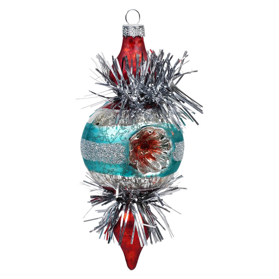 Red & Turquoise Retro Finial Ornament With Tinsel