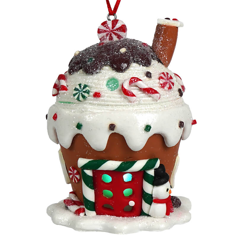 Lighted Gingerbread Cupcake House With Snowman Ornament