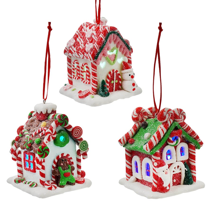 Gingerbread LED Candy House Ornaments Set/3