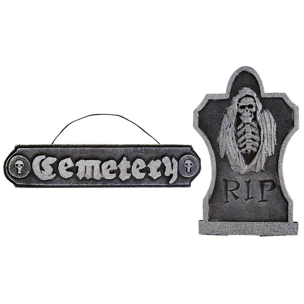 Cemetery Hanging Sign And RIP Tombstone