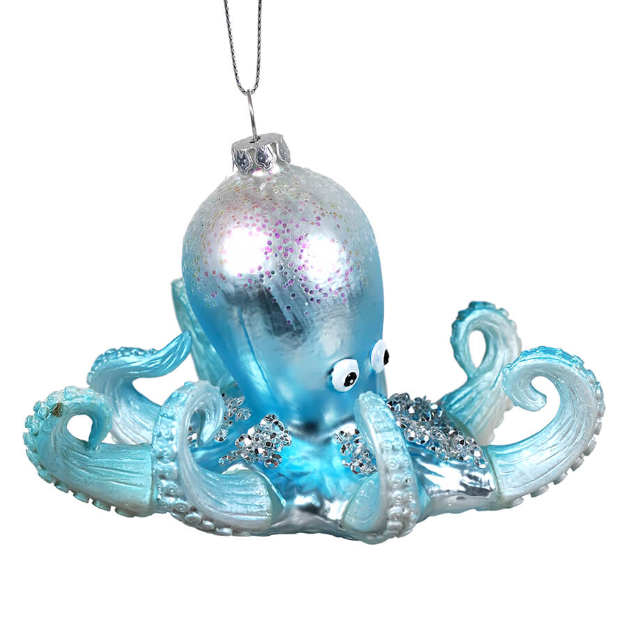 Blue Glittered Octopus Ornament