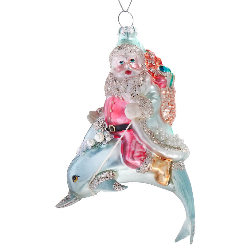 Glass Santa On Dolphin Ornament