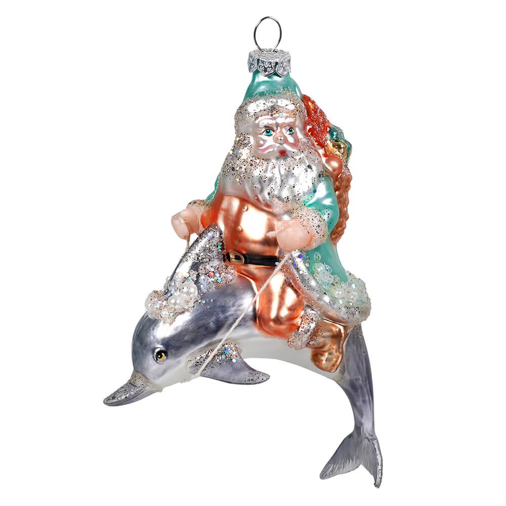 Glittered Santa On Blue Dolphin Ornament