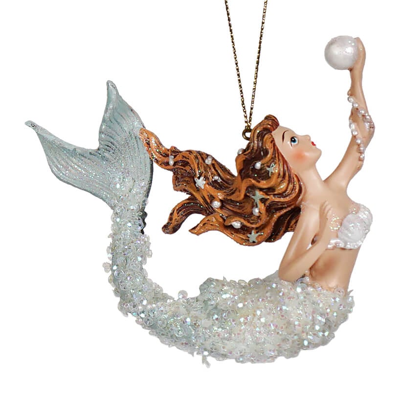 Blue Mermaid Holding Pearl Ornament