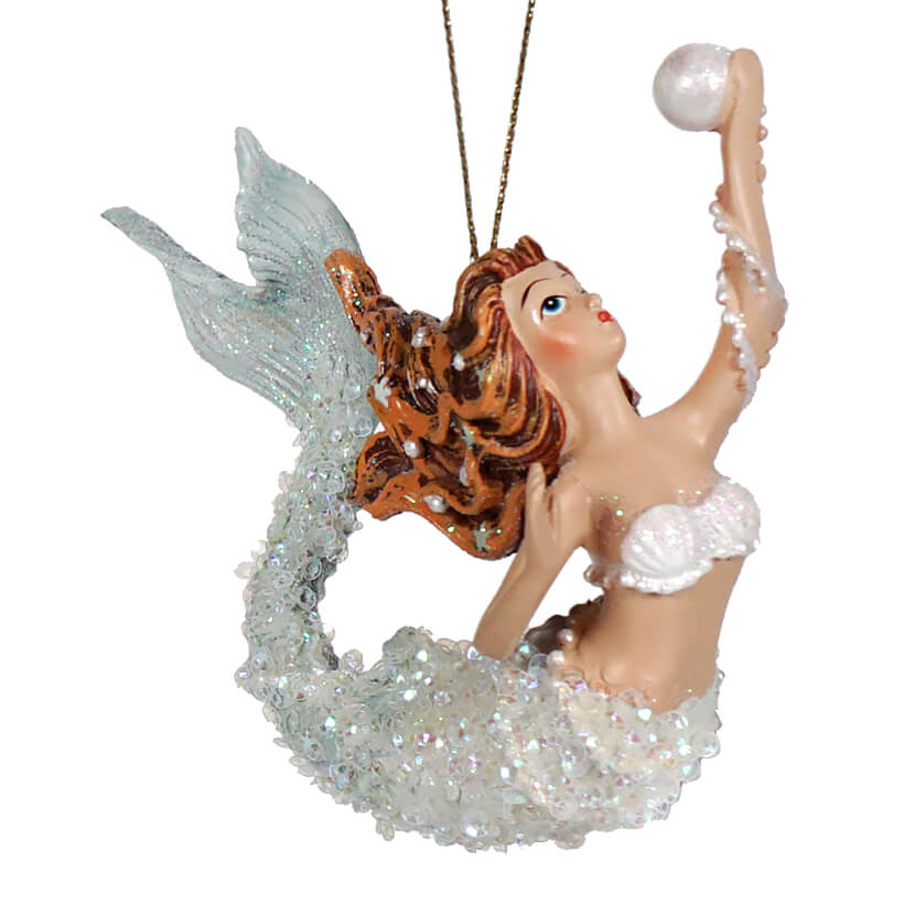 Blue Mermaid Holding Pearl Ornament