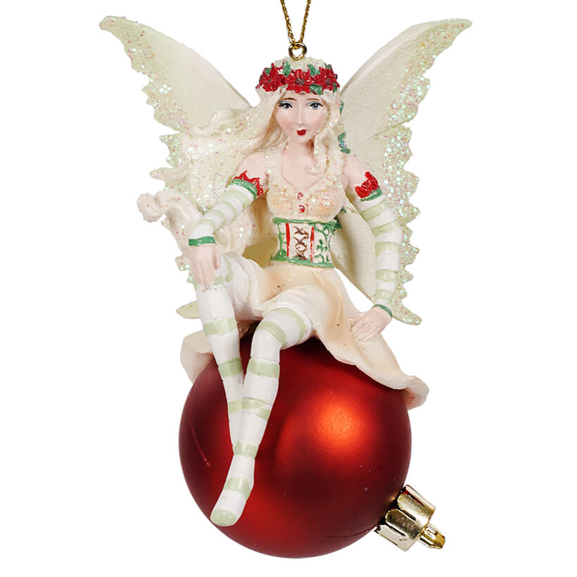 Amy Brown Floral Fairy Sitting On Red Ball Ornament