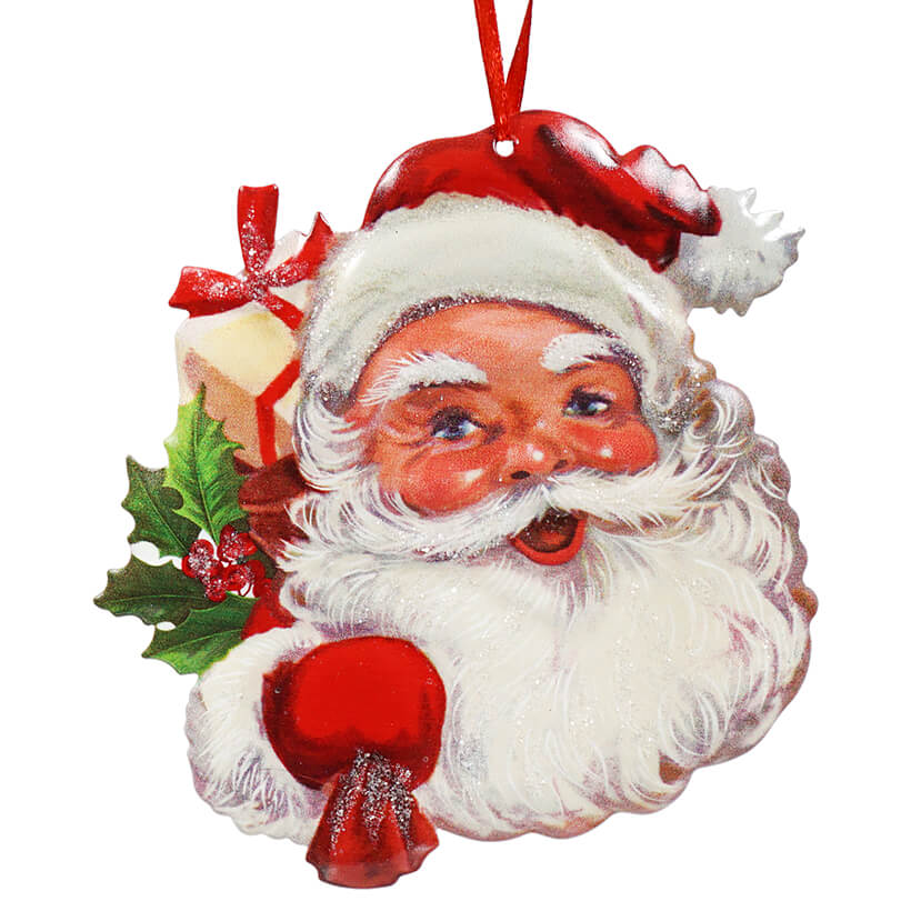 Metal Santa Head With Holly Ornament
