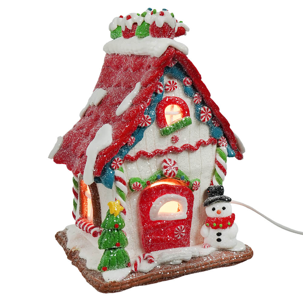 Red & White Lighted Gingerbread House With Snowman
