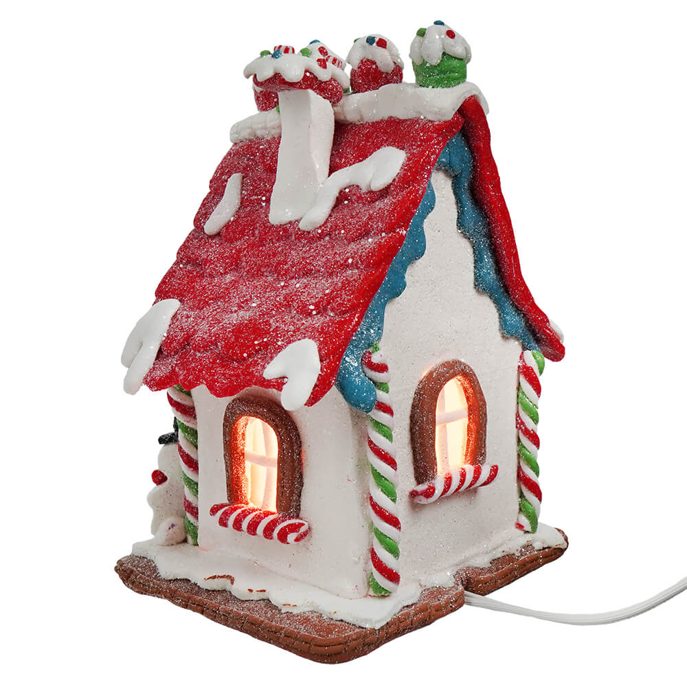 Red & White Lighted Gingerbread House With Snowman