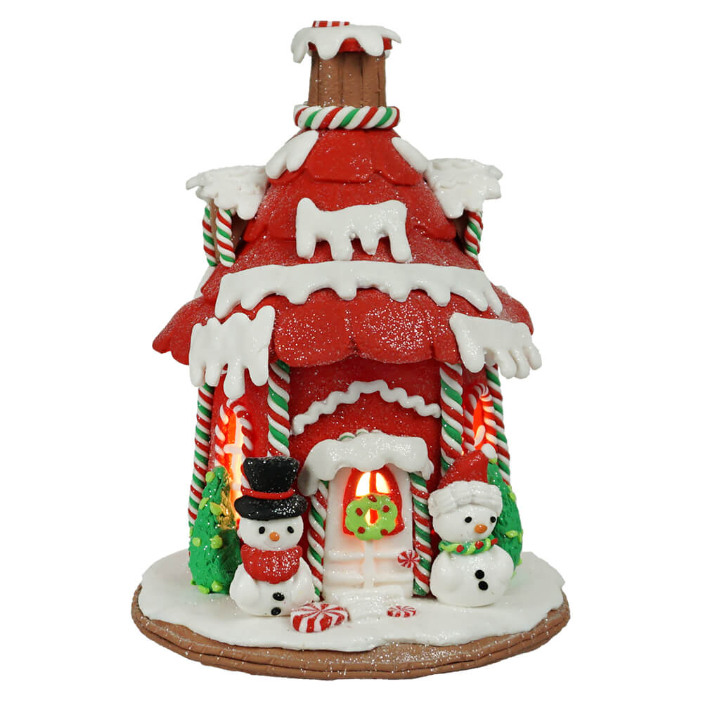 Light Up Red & White Gingerbread House With Two Snowmen
