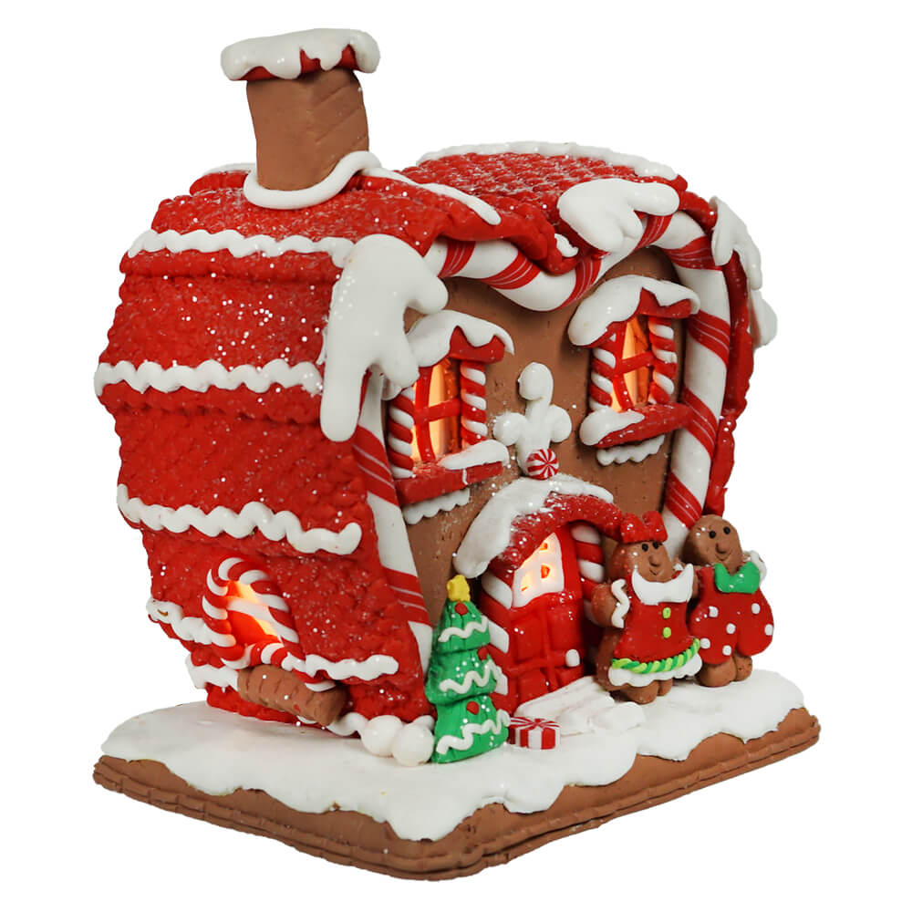 Light Up Red & White Gingerbread House With Gingerbread Couple