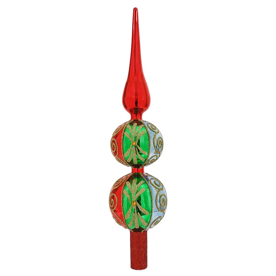 Red, Silver & Green Swirled Two Ball Tree Topper