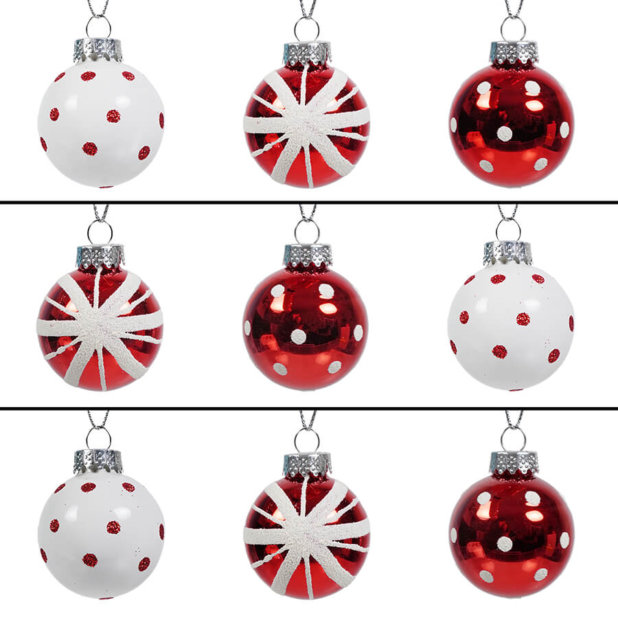 Boxed Red & White Glass Ball Ornaments Set/9