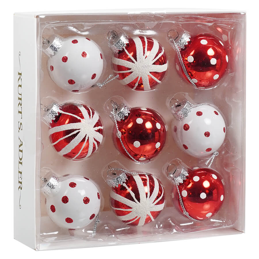 Boxed Red & White Glass Ball Ornaments Set/9