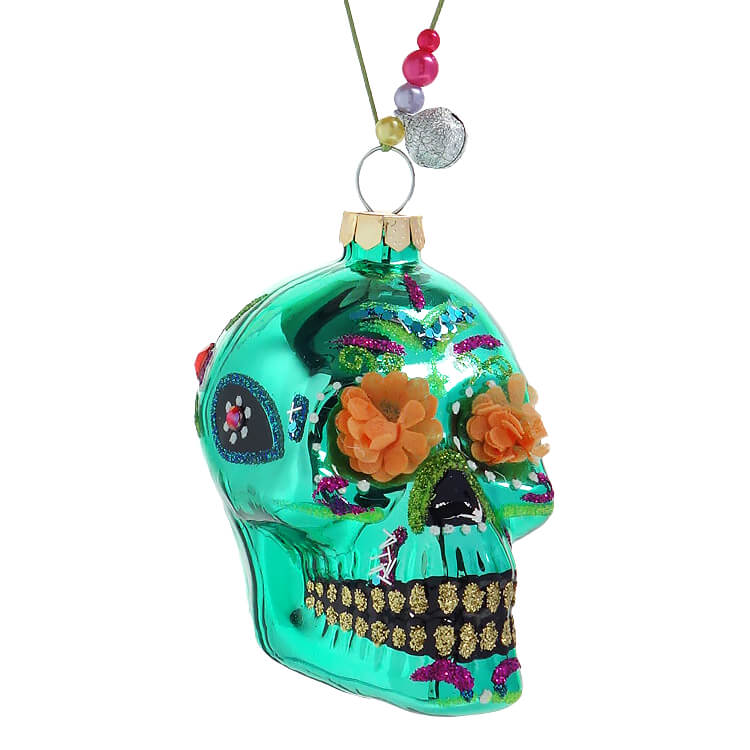 Green Dia De Los Muertos Skull Ornament