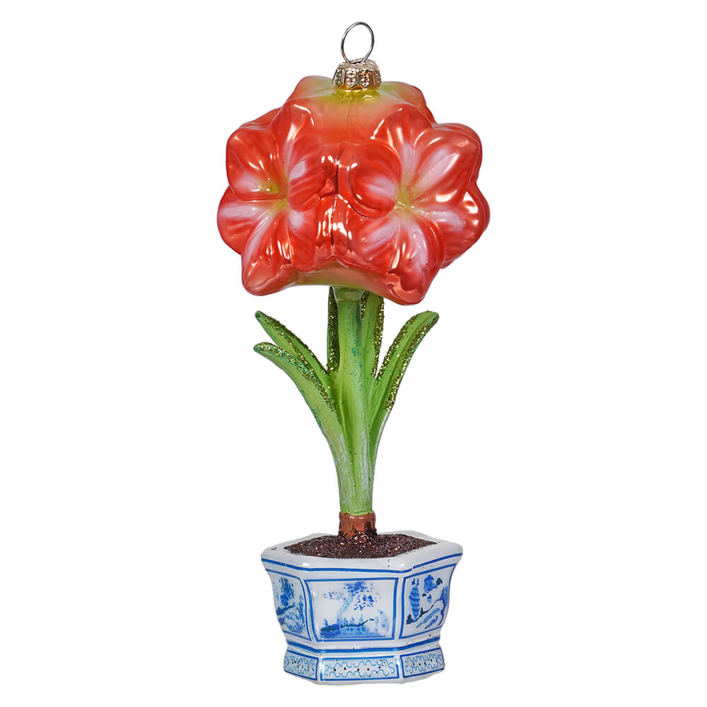 Blue Potted Pink Amaryllis Christmas Ornament