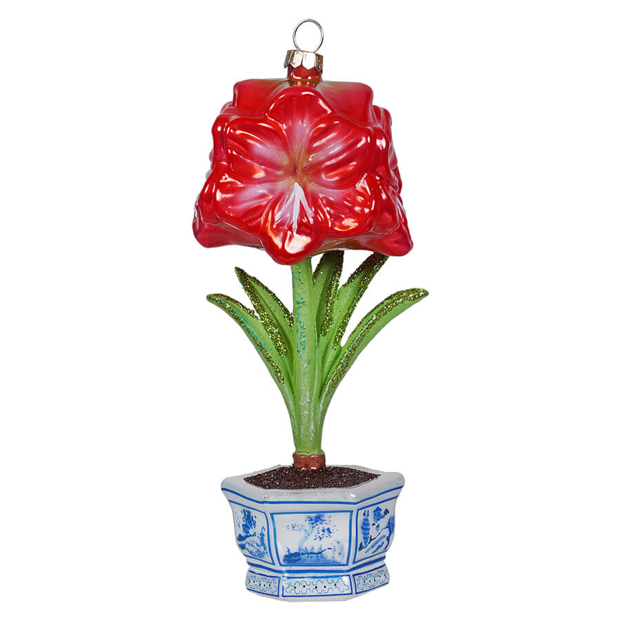Blue Potted Red Amaryllis Christmas Ornament