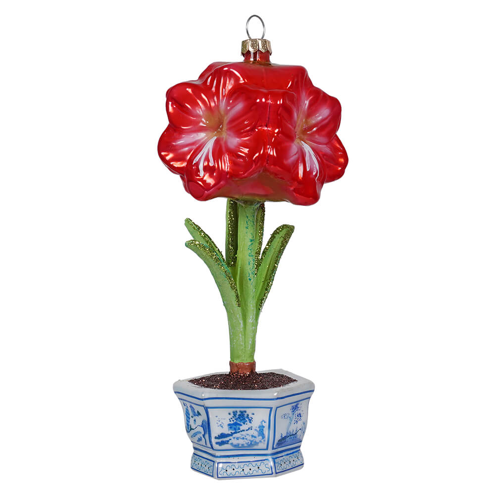 Blue Potted Red Amaryllis Christmas Ornament