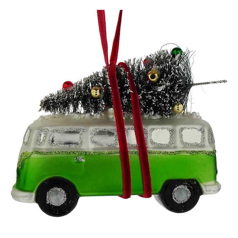 Green Bus with Tree Ornament