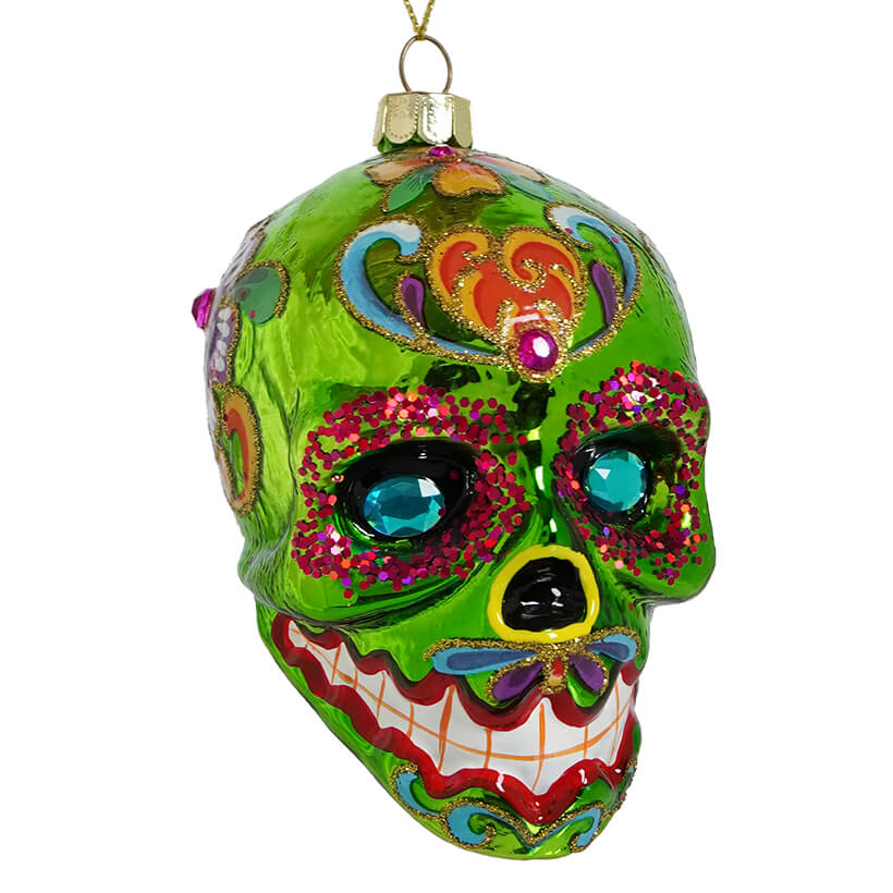 Shiny Green Sugar Skull Ornament