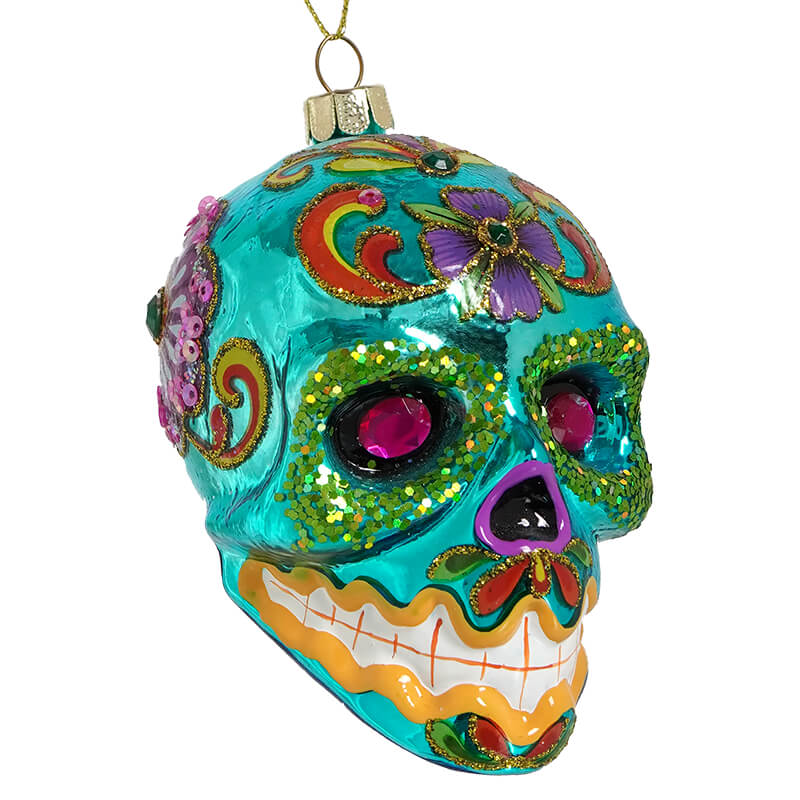 Shiny Turquoise Sugar Skull Ornament