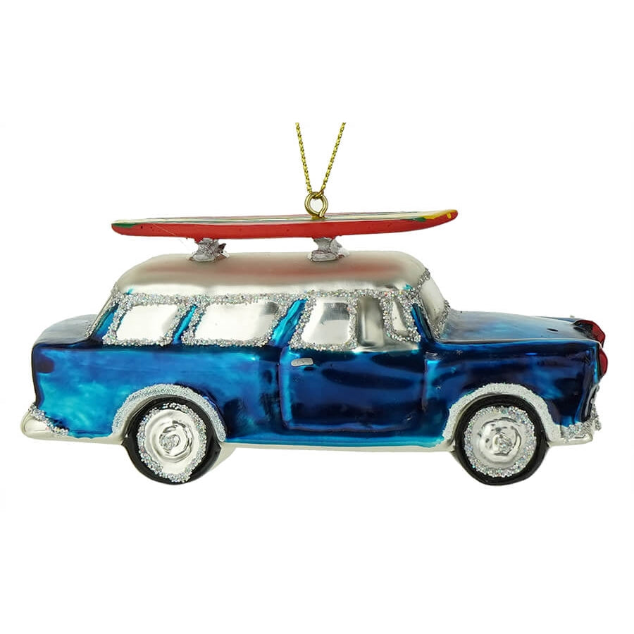 Vintage Blue Station Wagon with Surfboard Ornament
