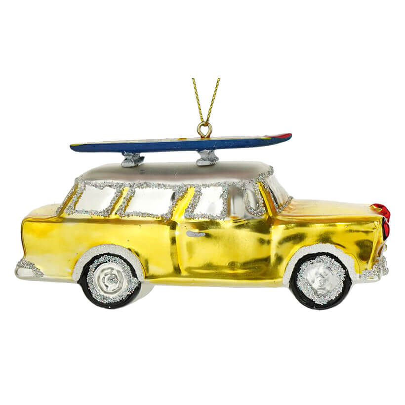Vintage Yellow Station Wagon with Surfboard Ornament