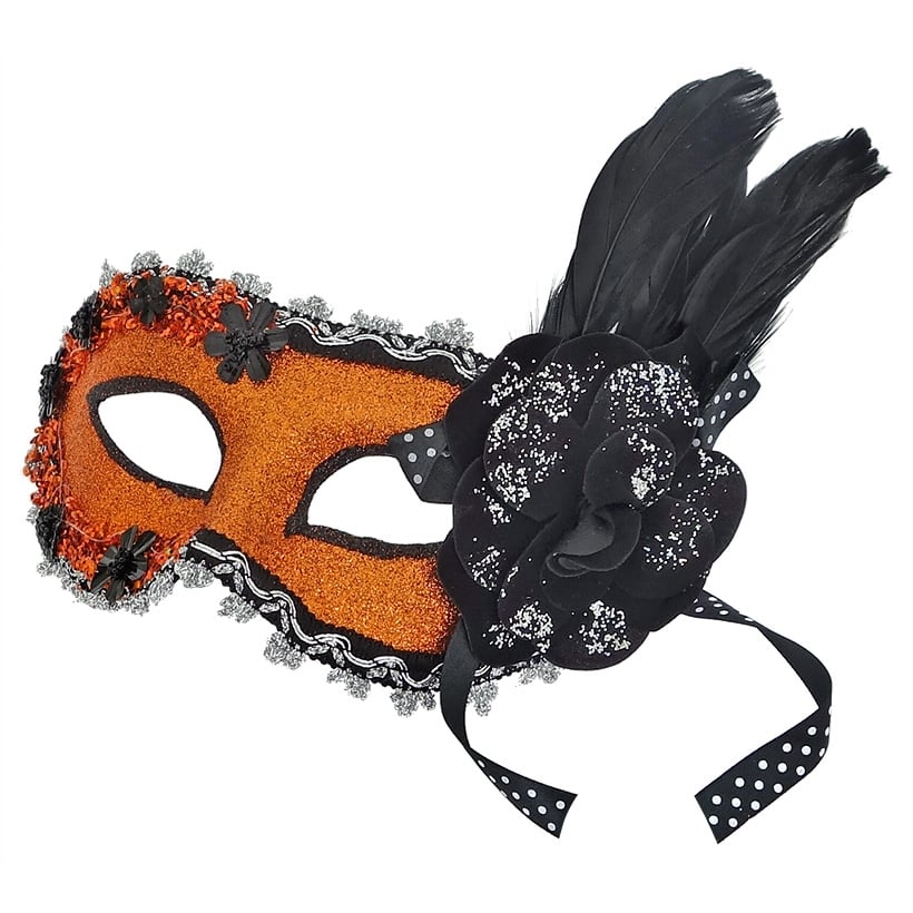 Orange Glitter & Black Feather Halloween Mask