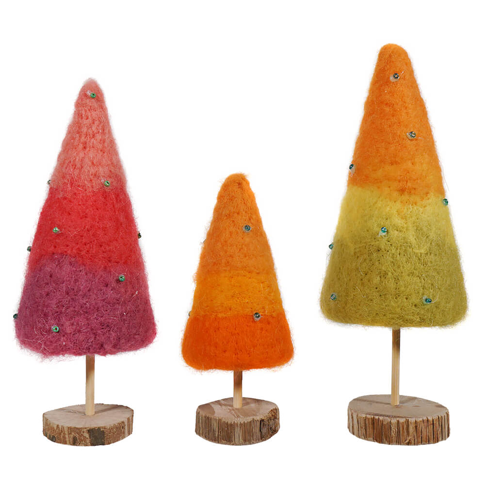 Wool & Wood Multicolored Cone Trees Set/3