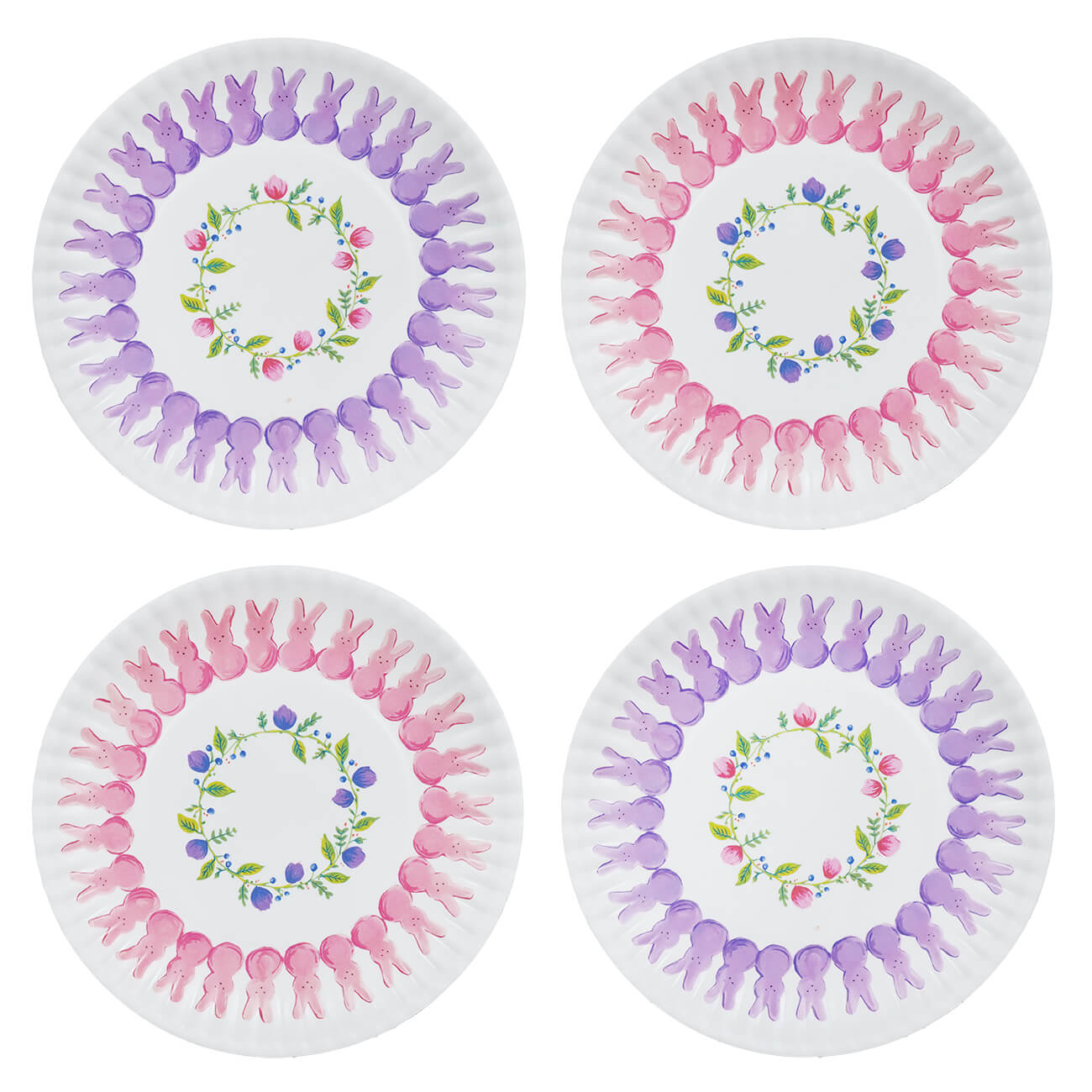 Pink & Purple Bunny Peeps Easter Melamine "Paper" Plate With Floral Pattern Set/4