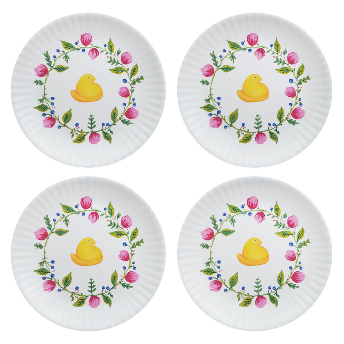 Yellow Chick Peeps Easter Melamine "Paper" Plate With Floral Pattern Set/4