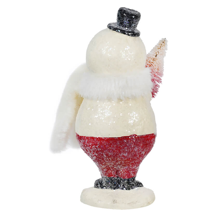 White Scarf Snowman Holding Red & Cream Tree