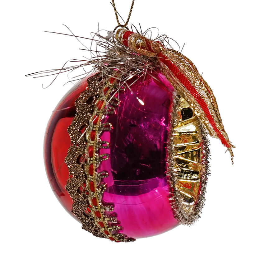 Red & Pink Reflector Ball Indent Ornament With Bow