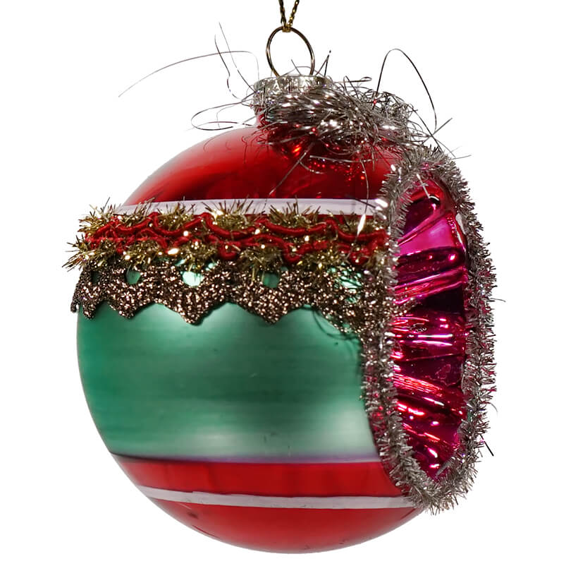 Green, Red & Pink Tinseled Reflector Indent Ball Ornament