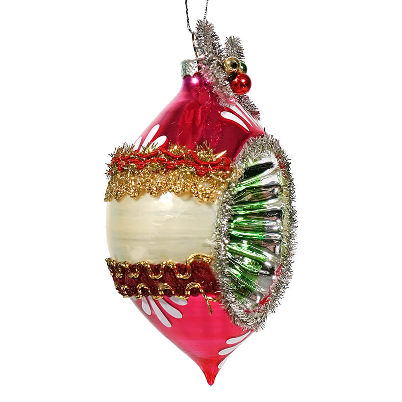 Pink, Green & Cream Tinseled Reflector Finial Ornament With Bow