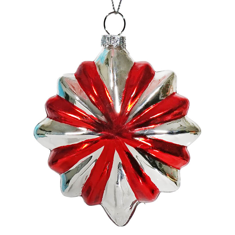 Red, Silver & Blue Tinseled Reflector Indent Star Ornament