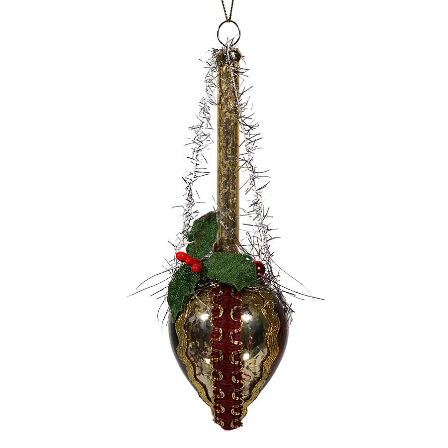 Red & Gold Thin Holly Drop Ball Ornament