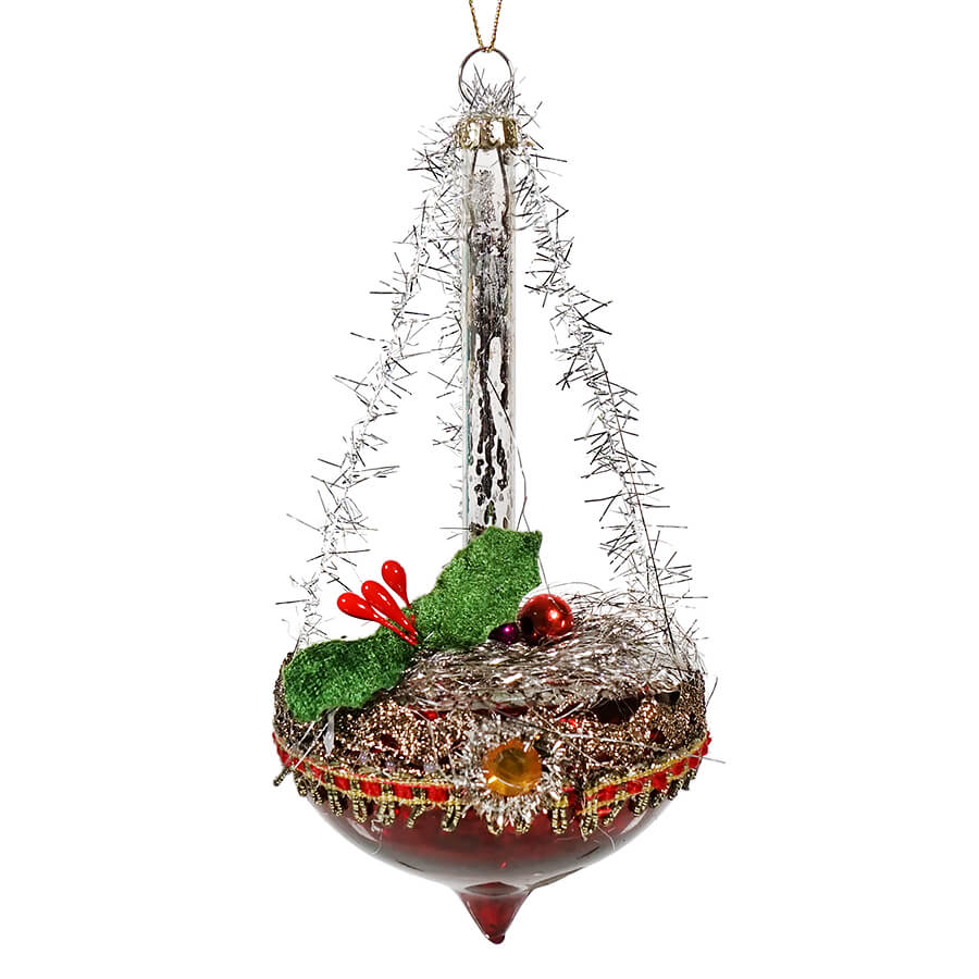 Red & Gold Flat Holly Drop Ball Ornament