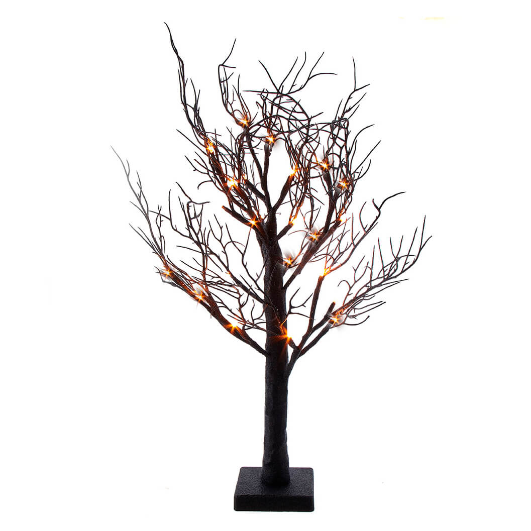 Orange LED Black Glittered Tabletop Tree