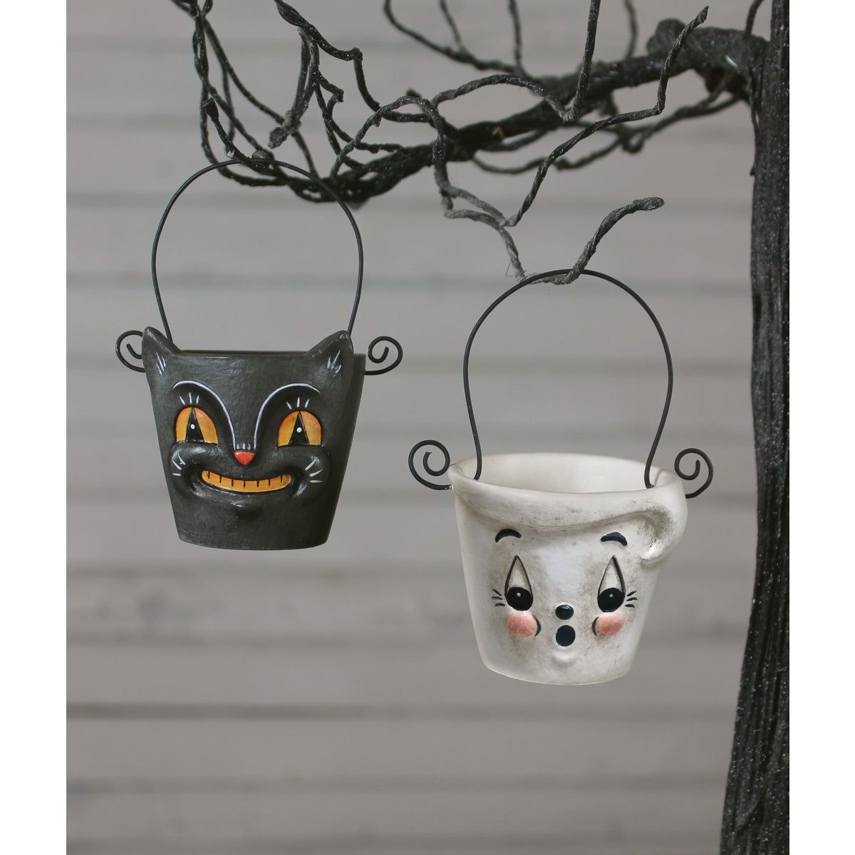 Boo & Cat Teeny Halloweenie Pail Ornaments Set/2