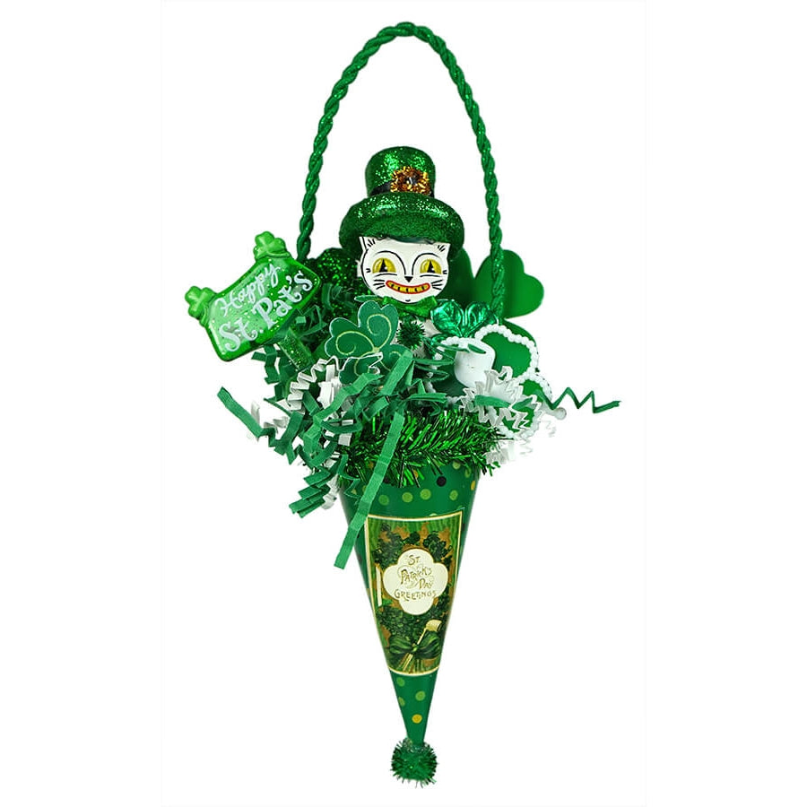 St. Patrick's White Cat Boy in Green Cone - Traditions Exclusive