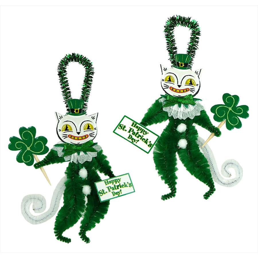 St. Patrick's White Cat Chenille Ornaments Set/2 - Traditions Exclusive