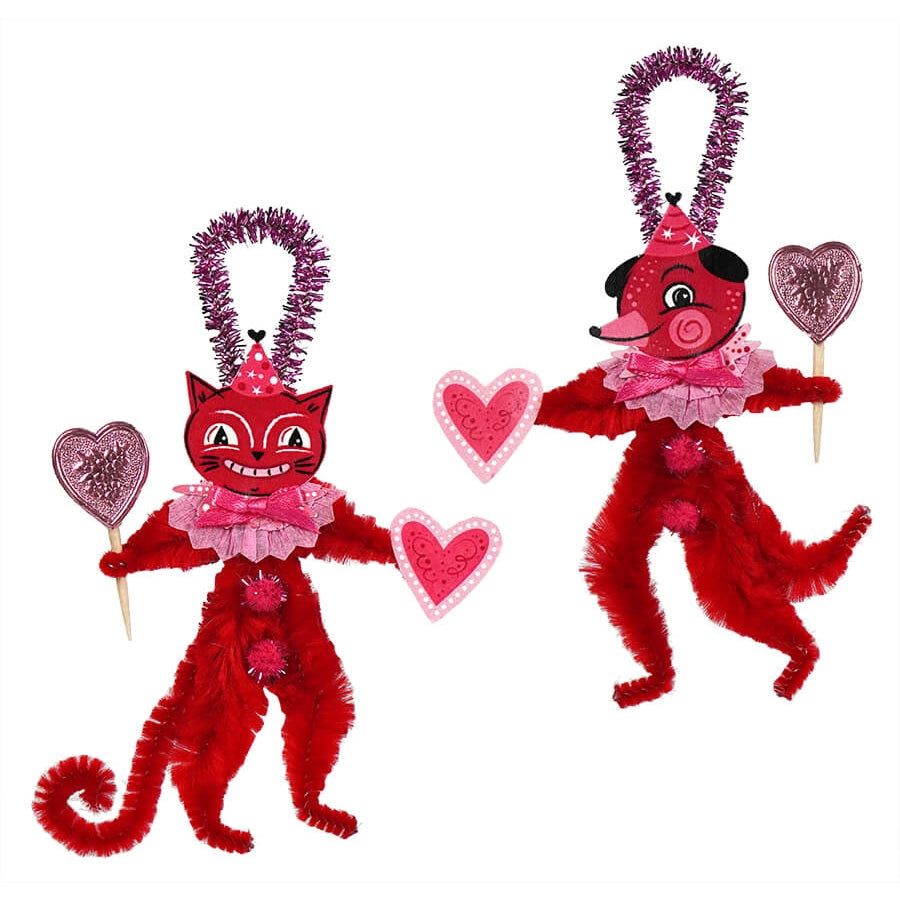 Red Valentine Cat & Dog Chenille Ornaments Set/2 - Traditions Exclusive