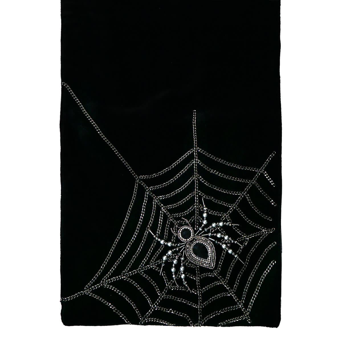Black Velvet Table Runner With Chain Web & Beaded Spider