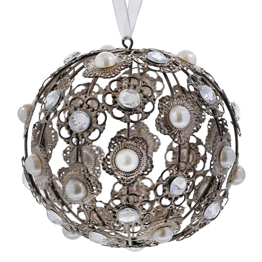 Round Metal Ornament With Pearls & Rhinestones